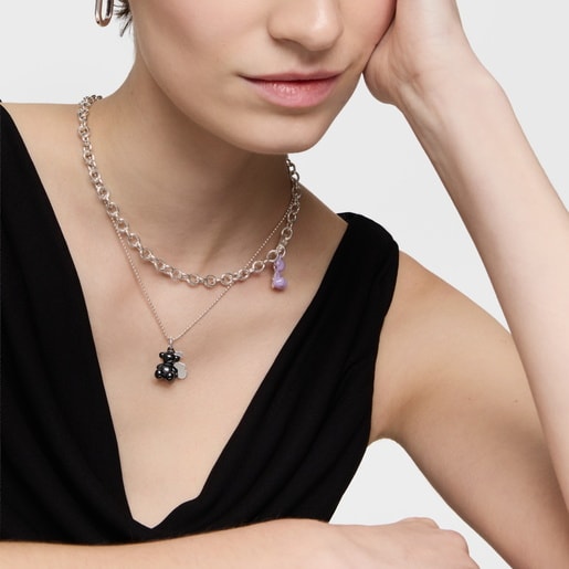 Dije doble oso de plata y cerámica negra Bold Bear