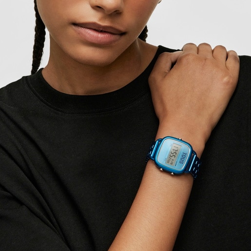 D-Logo Digital watch with blue steel strap