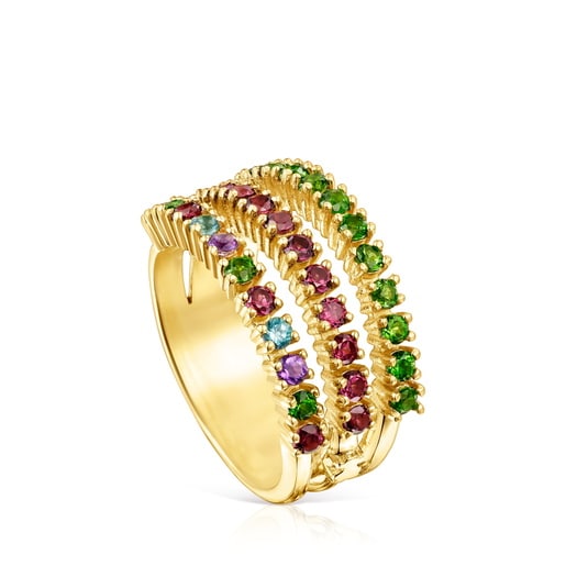 Silver Vermeil TOUS Straight Triple ring with gemstones