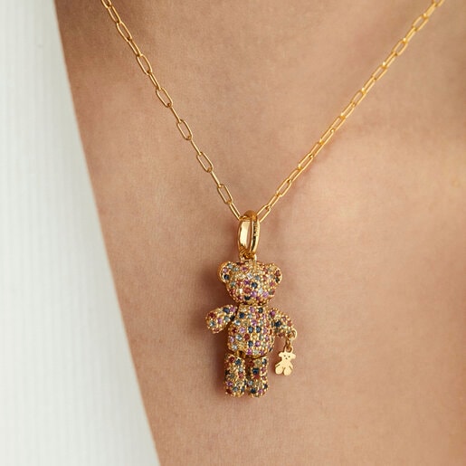 Silver Vermeil Teddy Bear Gems Pendant with Sapphires