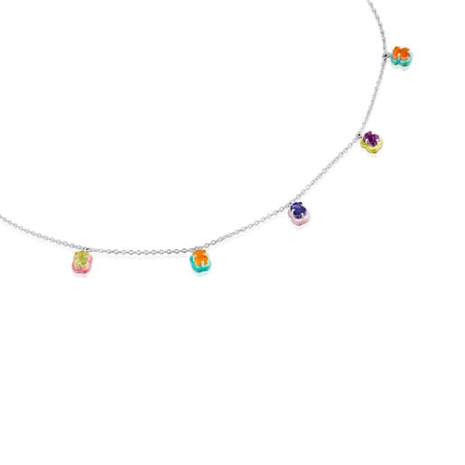 Silver TOUS Vibrant Colors bear charm Necklace with gemstones and enamel