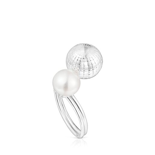 Silver TOUS St. Tropez Disco bear ball Open ring with cultured pearl | TOUS