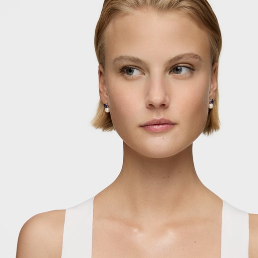 White gold Earrings with rhodolites and cultured pearl Ivette
