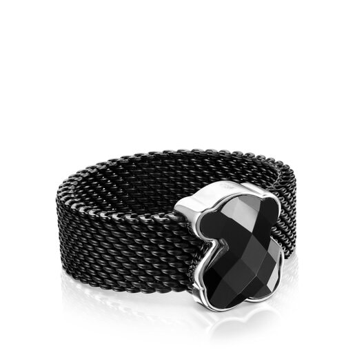 Black IP Steel Mesh Color Ring with Onyx Bear motif