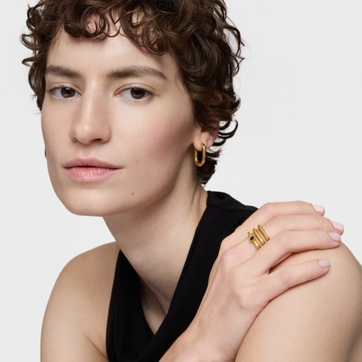 خاتم ثلاثي من الفضة المطلية بالذهب عيار 18 قيراطًا مرصع بالإسبنيل الأسود من تشكيلة TOUS Line