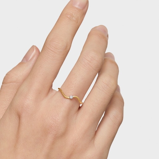 Gold wave-shaped Ring with Diamonds Daisy