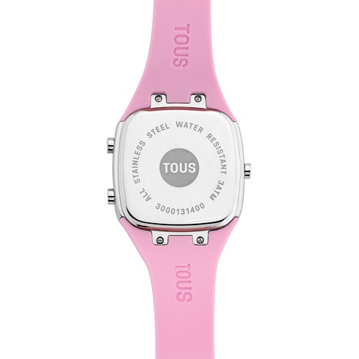 تتميّز الساعة الرقمية B-Time من TOUS بحزام من السيليكون الوردي وهيكل من الصُلب