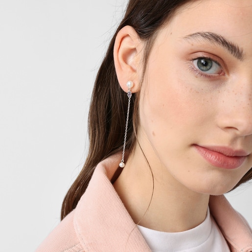 Silver TOUS New Motif Long Earrings with chrome diopside, amethyst and pearls