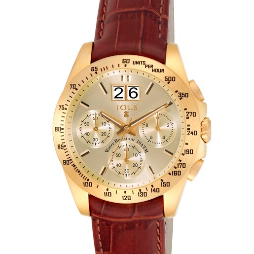 茶色い革バンドが付いたゴールドのステンレス IP 腕時計 Drive Crono