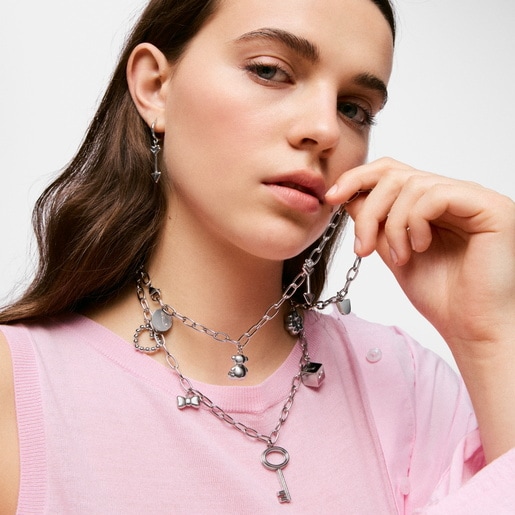 Long steel and cultured pearl Necklace with hanging charms TOUS Charming