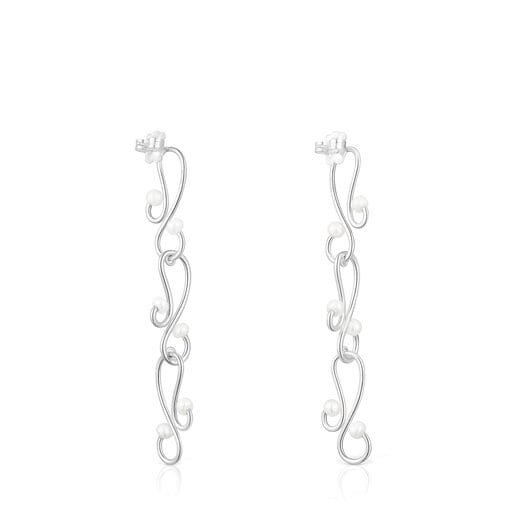 Boucles d’oreilles Tsuri longues avec des motifs en argent et perles de culture