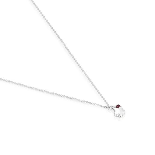 Silver Bold Motif Necklace with a rhodolite flower
