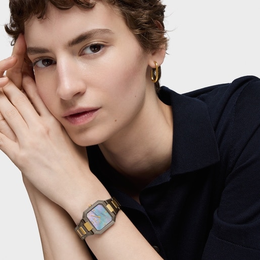 Reloj analógico con brazalete de acero negro, dorado y esfera de nácar gris Karat