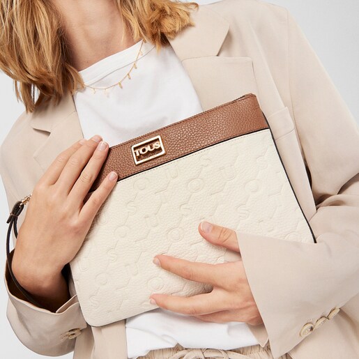 Beige and brown Leather T Script Clutch bag