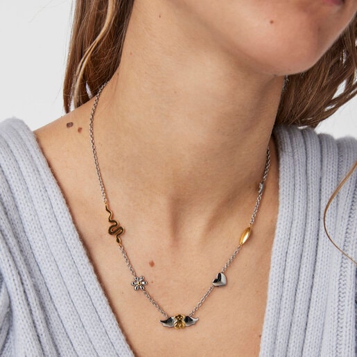 Стальное колье Fragile Nature с золотистым ионным покрытием с медвежонком и другими фигурками