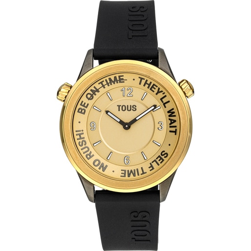Analogové hodinky s černým silikonovým řemínkem a pouzdrem z oceli IP ve zlaté barvě TOUS Now