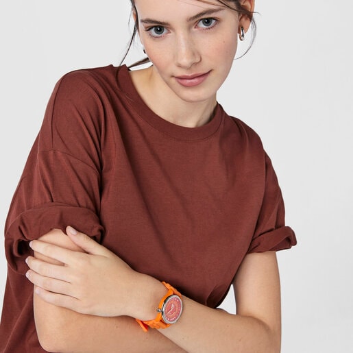 Uhr Tender Time aus Stahl mit orangefarbenem Silikon-Armband