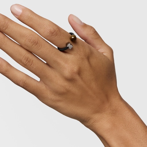 Black steel Open ring with falcon’s eye Icon Mesh