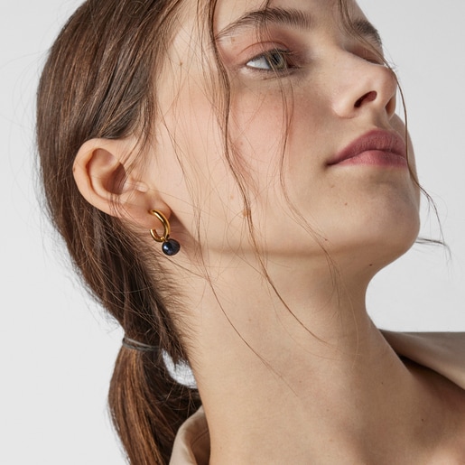 Small silver vermeil Hav Hoop earrings with gray pearl