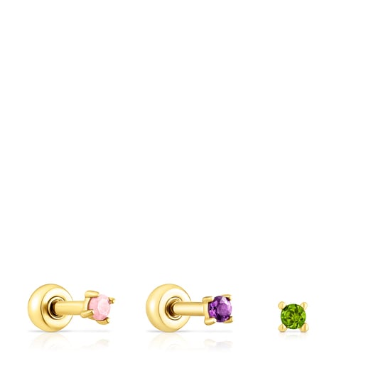 Gold-colored IP steel TOUS St. Tropez Steel Piercing set with amethyst, chrome diopside and rhodolite