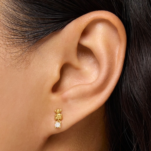 Aretes oso con baño de oro 18 kt sobre plata y diamantes creados en laboratorio Bold Bear LGD