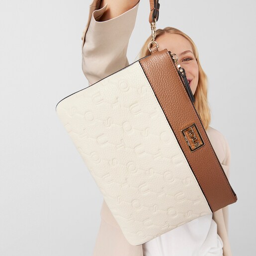 Beige and brown Leather T Script Clutch bag