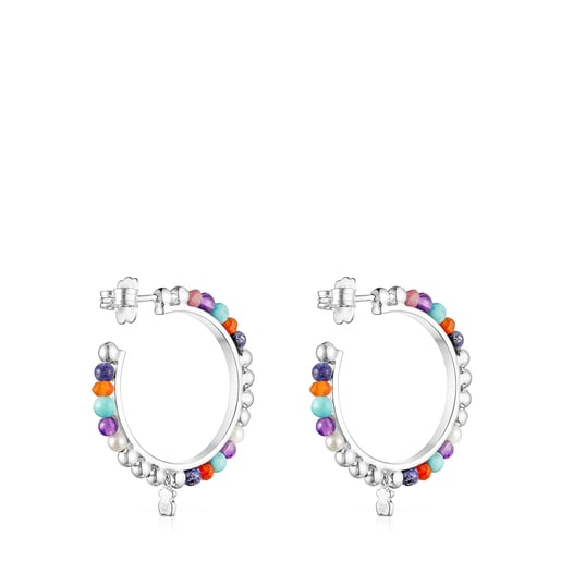 Silver Oceaan Color hoop Earrings with pearls and gemstones | TOUS