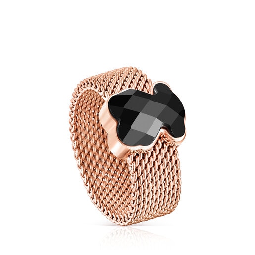 Rose IP Steel TOUS Mesh Color Ring with faceted Onyx Bear motif