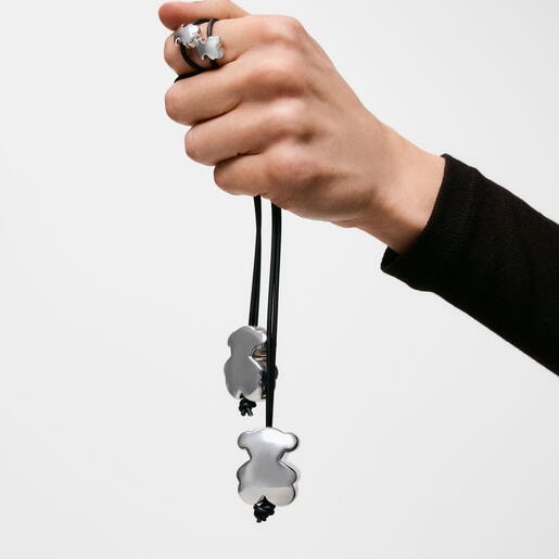 Collar largo de caucho y oso de plata 30 mm Bold Motif