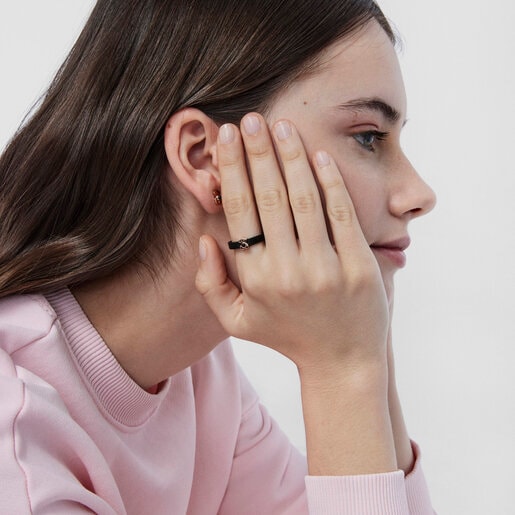 Anillo estrecho Real Sisy de Acero IP negro y Plata baño de oro rosa 18 kt sobre plata con Onix