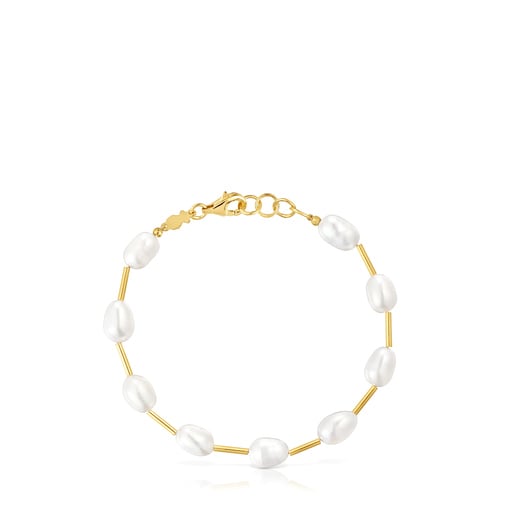 Tube Bracelet with 18kt gold plating over silver and cultured pearls Gloss