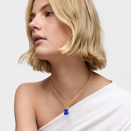 ブルーベルベットのベアに18ktゴールドコーティング・シルバーを組み合わせたベア・ペンダントトップ Bold Bear