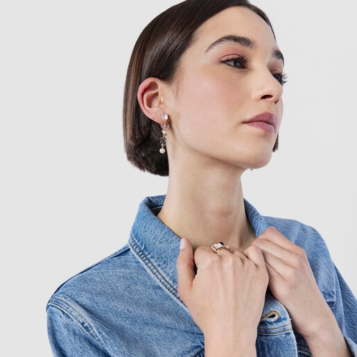 עגילי TOUS Join מוורמיל כסף ורוד עם קוורץ, אבני ספינל ואודם