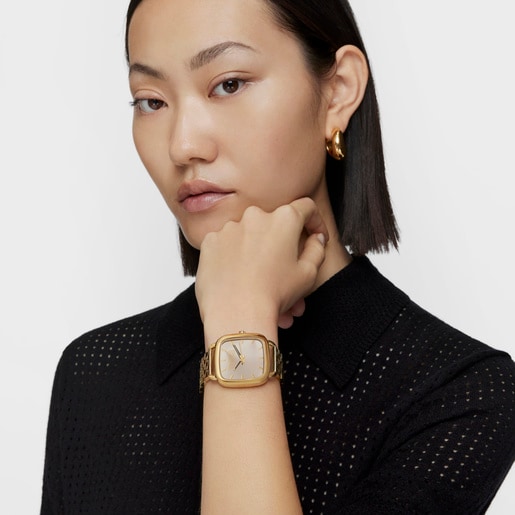 ゴールドカラーのIPGスティールブレスレット付きアナログ式腕時計 TOUS D-Logo Mirror