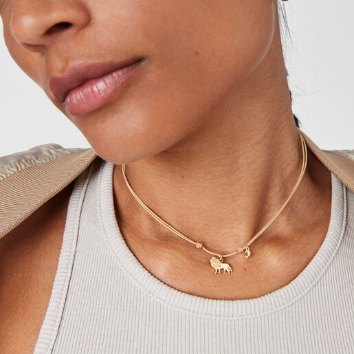Collar Save león con baño de oro 18 kt sobre plata y Cordón beige