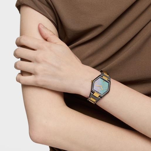 Reloj analógico con brazalete de acero negro, dorado y esfera de nácar gris Karat