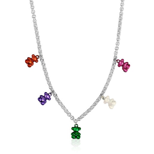 Bold Bear silver Necklace with 5 colored steel bears