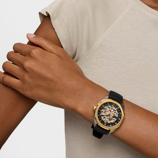 Automatic analog Watch with gold-colored IP steel case and black silicone bracelet TOUS Now