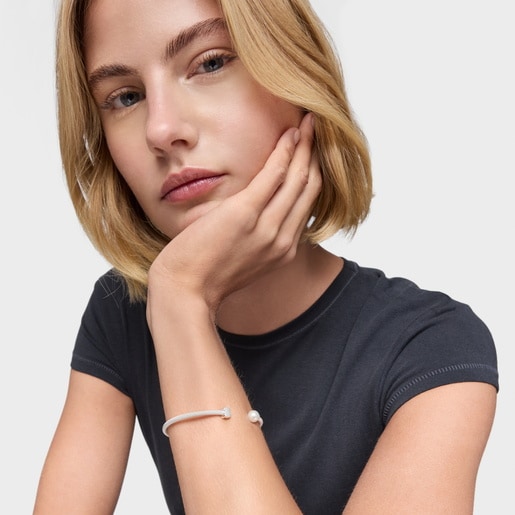 Silver Bangle with cultured pearl Icon Mesh