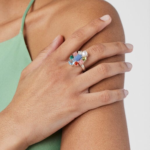 Silver Fragile Nature rosette Ring with Gemstones