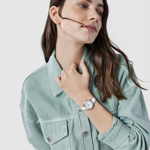 Reloj analógico Straight Kids de acero y bisel de osos con correa de piel blanca