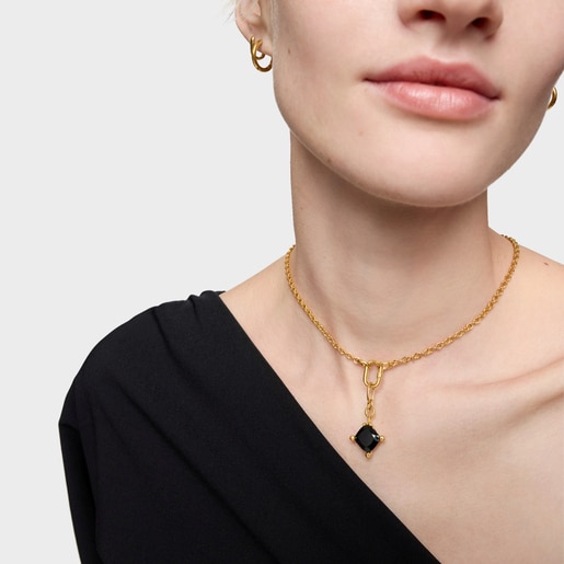 Long 18kt gold plating over silver Hoop earrings and onyx Color Black