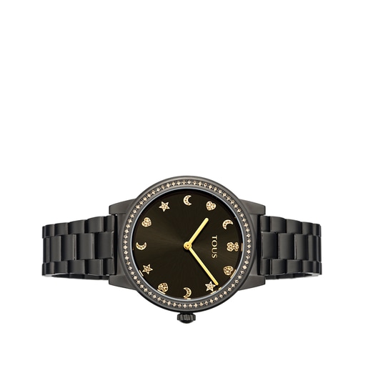 Uhr Nocturne aus schwarz IP-Stahl mit Lünette mit Zirkonia-Steinen