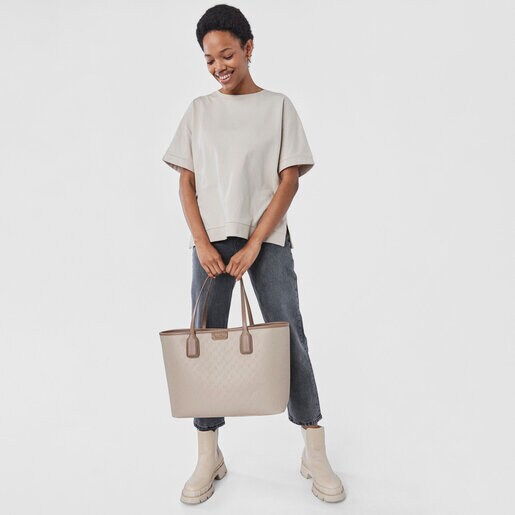 Large taupe colored Script Day Tote bag