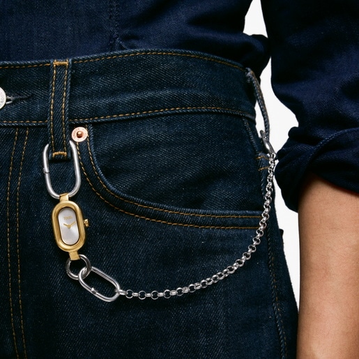 Steel and gold-colored steel analog Brooch/Watch TOUS HOLD OVAL