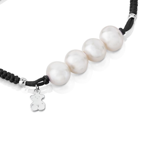 Bracciale TOUS Pearls in cordoncino nero, argento e perle