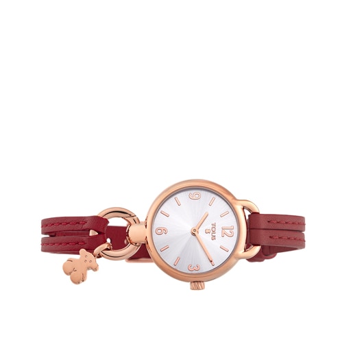 Montre Hold en acier IP rosé avec bracelet en cuir rouge