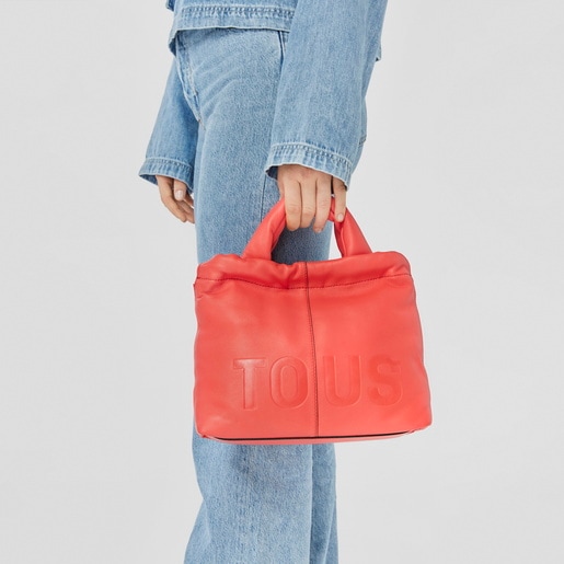 תיק TOUS Cloud בינוני עם רצועת כתף אחת מעור בצבע אדום קורל