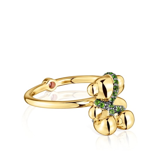 Anello con orsetto in argento placcato oro 18 kt e cromo diopside medio Lligat