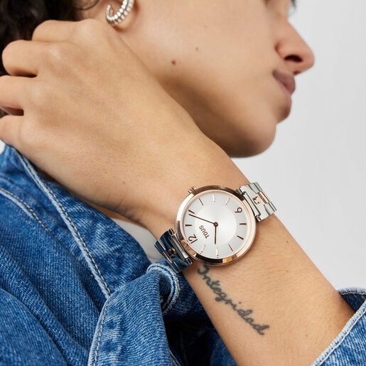 Analogue watch with steel and pink-colored IPRG steel wristband S-Band